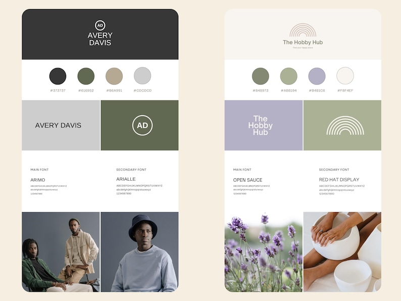 May include: Brand identity design guide featuring colour palettes, fonts, and logo variations for Avery Davis and The Hobby Hub. The Avery Davis logo is a simple black circle with the initials "AD" inside. The Hobby Hub logo is a rainbow arch with the text "The Hobby Hub" below it.