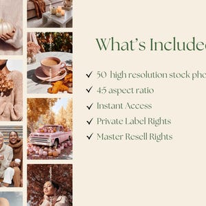 Puede incluir: Un collage de im&aacute;genes con tem&aacute;tica oto&ntilde;al, que incluye una persona sosteniendo una calabaza blanca, una taza de caf&eacute; y una camioneta rosa llena de calabazas. El texto dice "What's Included?" con vi&ntilde;etas para fotos de archivo, relaci&oacute;n de aspecto y derechos.