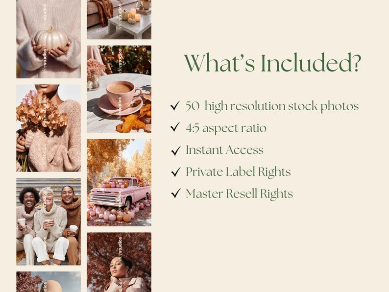 Puede incluir: Un collage de im&aacute;genes con tem&aacute;tica oto&ntilde;al, que incluye una persona sosteniendo una calabaza blanca, una taza de caf&eacute; y una camioneta rosa llena de calabazas. El texto dice "What's Included?" con vi&ntilde;etas para fotos de archivo, relaci&oacute;n de aspecto y derechos.