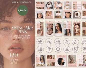 Skincare Instagram Templates Canva Posts Stories and Highlight Covers for Beauty Brands MRR PLR Pink Aesthetic Social Media Kit Esthetician