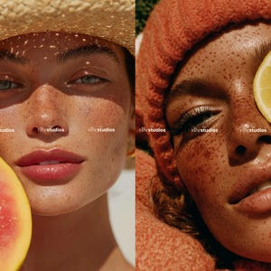 May include: A split image featuring two close-up portraits. One shows a person with a straw hat and papaya, the other with a lemon slice and a knitted hat. Both have freckled skin and the text "vibe studios".