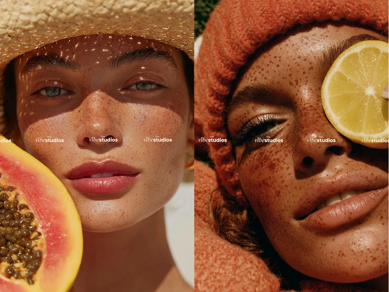 May include: A split image featuring two close-up portraits. One shows a person with a straw hat and papaya, the other with a lemon slice and a knitted hat. Both have freckled skin and the text "vibe studios".