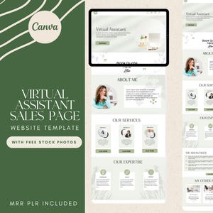 May include: A website template for a virtual assistant sales page, featuring a green and white design. The template includes sections for services, expertise, and advantages, with the Canva logo and the text "WITH FREE STOCK PHOTOS".
