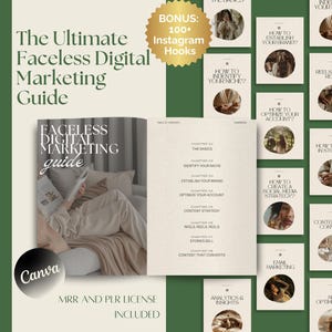 May include: A digital marketing guide titled "The Ultimate Faceless Digital Marketing Guide" with a bonus of 100+ Instagram hooks. The guide includes chapters on identifying your niche, establishing your brand, and optimizing your account.