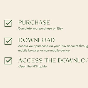 Puede incluir: Gr&aacute;fico crema con instrucciones para compras en Etsy. El texto incluye "COMPRAR", "DESCARGAR" y "ACCEDER A LA DESCARGA", cada uno con una marca de verificaci&oacute;n verde. Las instrucciones gu&iacute;an al usuario a trav&eacute;s del proceso de descarga.