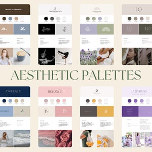 May include: A collage of aesthetic colour palettes for branding, featuring different colour combinations and logos. The palettes are labelled with names like "Angelique", "Beyonce", "Lady Boss", and "The Healing Hub".