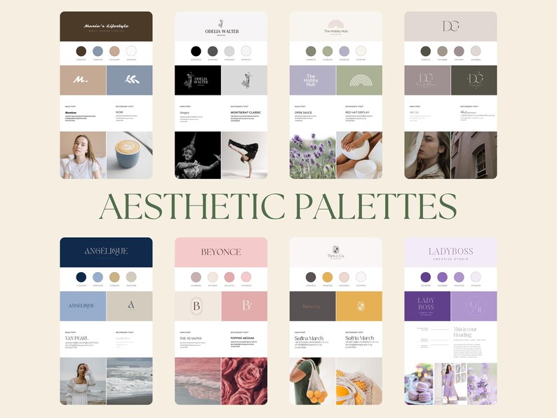 May include: A collage of aesthetic colour palettes for branding, featuring different colour combinations and logos. The palettes are labelled with names like "Angelique", "Beyonce", "Lady Boss", and "The Healing Hub".