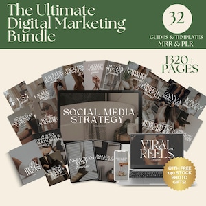 May include: A collage of digital marketing guides and templates, featuring a variety of topics such as social media strategy, viral reels, and Etsy. The image includes the text "The Ultimate Digital Marketing Bundle", "32 Guides & Templates MRR & PLR", "1320+ Pages", and "With Free 140 Stock Photo Gifts!"