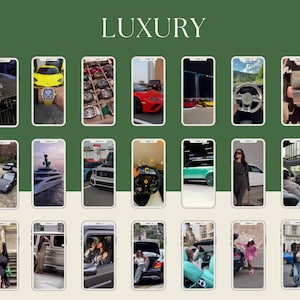 May include: A collage of images showcasing luxury items, including cars, watches, yachts, and fashion accessories. The images are displayed on a grid of smartphone screens, each with a white border.