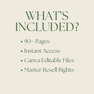 May include: Cream-colored background with dark green text. The text reads "WHAT'S INCLUDED?" followed by bullet points: "90+ Pages", "Instant Access", "Canva Editable Files", and "Master Resell Rights".