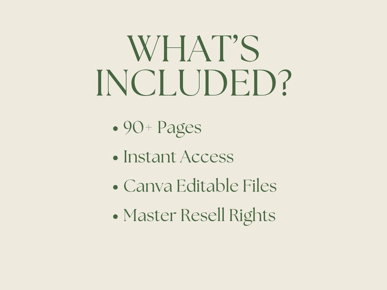 May include: Cream-colored background with dark green text. The text reads "WHAT'S INCLUDED?" followed by bullet points: "90+ Pages", "Instant Access", "Canva Editable Files", and "Master Resell Rights".