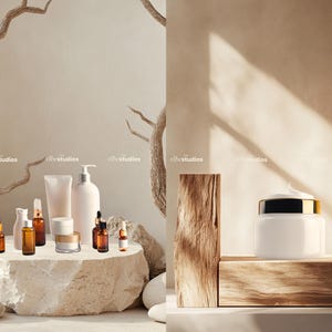 May include: A collection of skincare products, including bottles, jars, and tubes, arranged on a light brown stone platform. The products are set against a backdrop of a light brown wall and a branch of a dried tree.