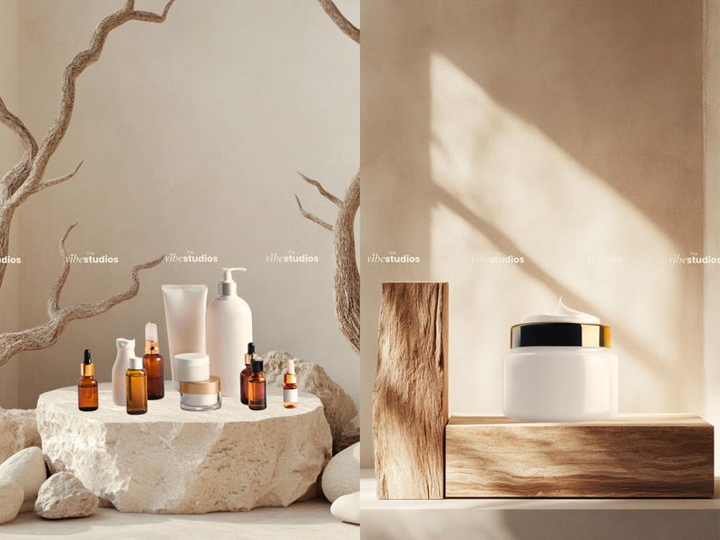 May include: A collection of skincare products, including bottles, jars, and tubes, arranged on a light brown stone platform. The products are set against a backdrop of a light brown wall and a branch of a dried tree.
