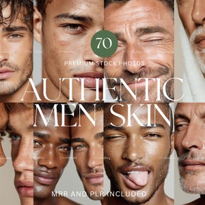 Könnte beinhalten: Eine Collage verschiedener Männergesichter, die verschiedene Hauttöne und Gesichtsausdrücke zeigen. Das Bild enthält den Text "70 Premium Stock Photos" und "Authentic Men Skin". Ein Rasierer ist oben links zu sehen.