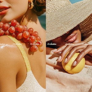 May include: A split image featuring a person with red grapes on their shoulder and another holding a yellow lemon. The person on the left wears a yellow strap top. The person on the right wears a straw hat.