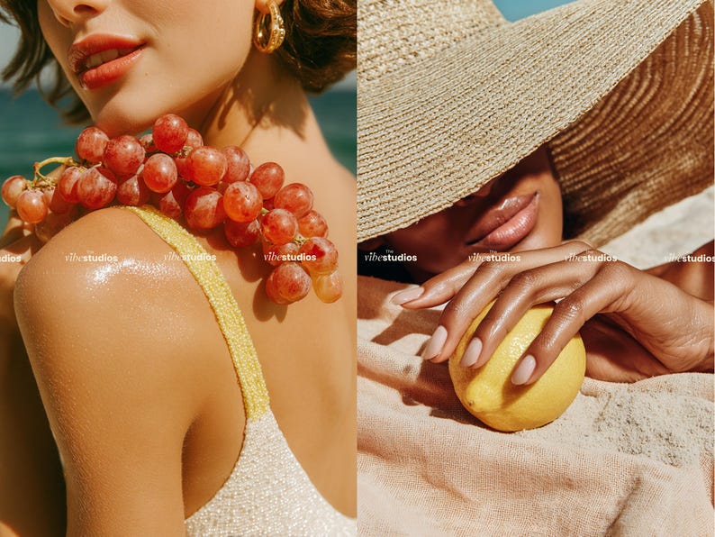 May include: A split image featuring a person with red grapes on their shoulder and another holding a yellow lemon. The person on the left wears a yellow strap top. The person on the right wears a straw hat.