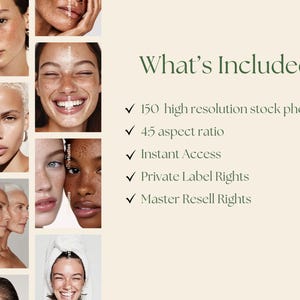 May include: A collection of diverse portraits of people with freckles and various skin tones. The image includes the text "What's Included?" followed by a list of features, including 150 high-resolution stock photos and private label rights.