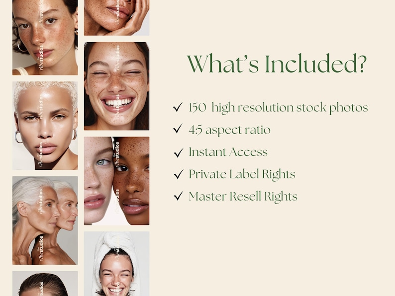 May include: A collection of diverse portraits of people with freckles and various skin tones. The image includes the text "What's Included?" followed by a list of features, including 150 high-resolution stock photos and private label rights.