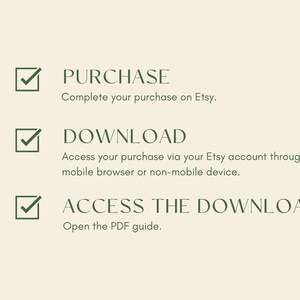 May include: A checklist with three steps for accessing a digital download: Purchase, Download, and Access the Download. The steps are illustrated with checkmarks in green boxes.