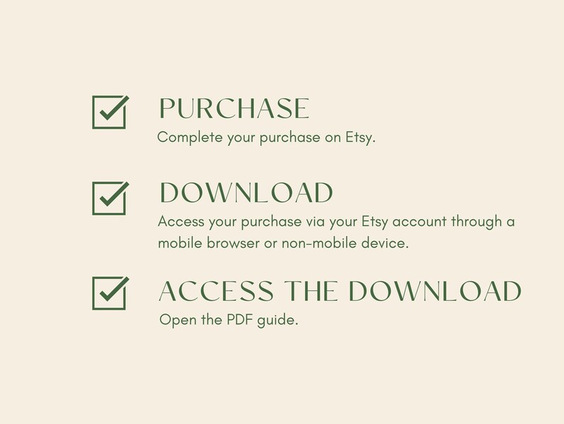 May include: A checklist with three steps for accessing a digital download: Purchase, Download, and Access the Download. The steps are illustrated with checkmarks in green boxes.
