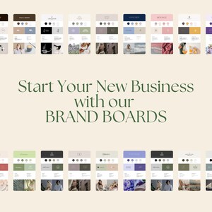 May include: A collection of 10 brand boards featuring various colour palettes and design elements. Each board includes a logo, colour palette, font choices, and imagery. The text "Start Your New Business with our BRAND BOARDS" is displayed below the boards.
