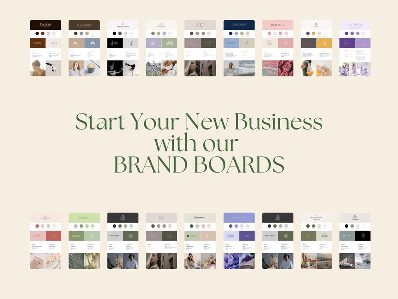 May include: A collection of 10 brand boards featuring various colour palettes and design elements. Each board includes a logo, colour palette, font choices, and imagery. The text "Start Your New Business with our BRAND BOARDS" is displayed below the boards.