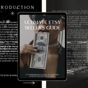 K&ouml;nnte beinhalten: Ein digitaler Produktf&uuml;hrer mit dem Titel "Ultimate Etsy Sellers Guide" auf einem Tablet-Bildschirm. Der Leitfaden befasst sich mit der Schaffung von passivem Einkommen von zu Hause aus. Das Bild zeigt auch eine Frau, die einen 100-Euro-Schein h&auml;lt.