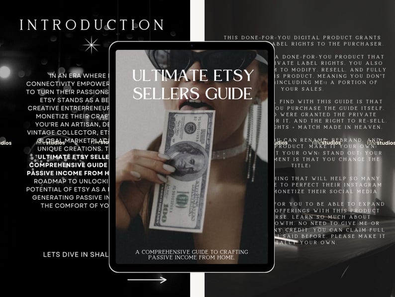 K&ouml;nnte beinhalten: Ein digitaler Produktf&uuml;hrer mit dem Titel "Ultimate Etsy Sellers Guide" auf einem Tablet-Bildschirm. Der Leitfaden befasst sich mit der Schaffung von passivem Einkommen von zu Hause aus. Das Bild zeigt auch eine Frau, die einen 100-Euro-Schein h&auml;lt.