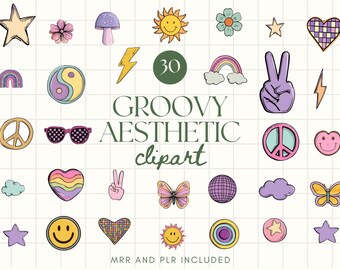 Puede incluir: Una colección de elementos de clipart "Groovy Aesthetic" coloridos y dibujados a mano. Incluye un signo de la paz, una carita sonriente, un arcoíris, estrellas, corazones, flores, una seta, gafas de sol, una mariposa y un signo de la paz.
