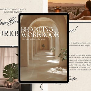 May include: A digital tablet displaying a branding workbook for new business owners. The workbook cover features a photo of a hallway with arches and a light brown color scheme.