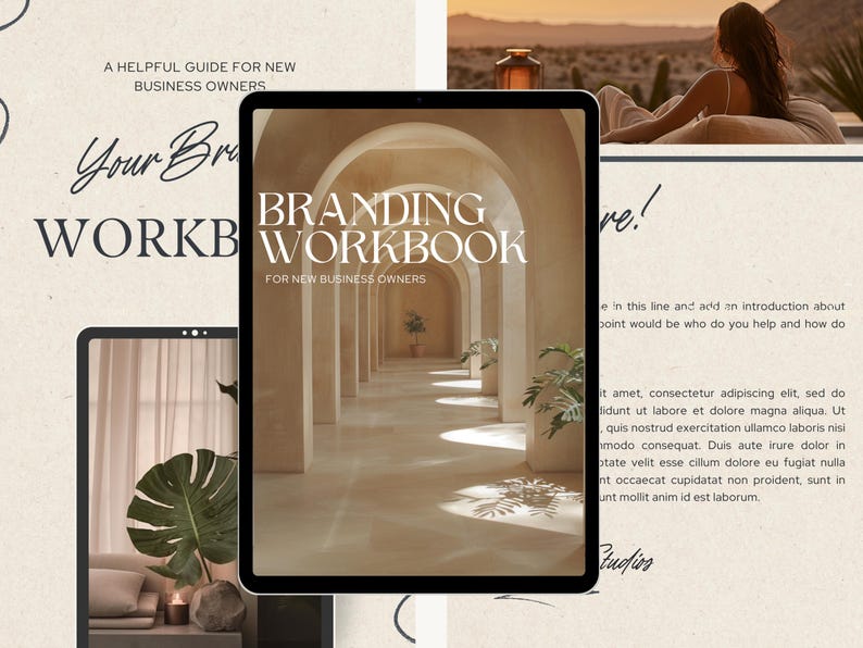 May include: A digital tablet displaying a branding workbook for new business owners. The workbook cover features a photo of a hallway with arches and a light brown color scheme.