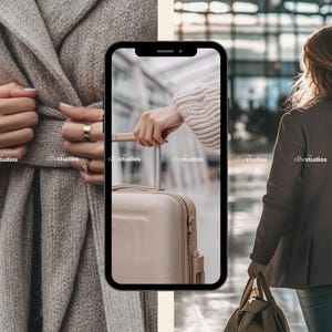 May include: A woman in a gray coat and jeans, carrying a tan handbag, walks through an airport. A tan suitcase with a retractable handle is in the center of the image. The image is framed by a smartphone.