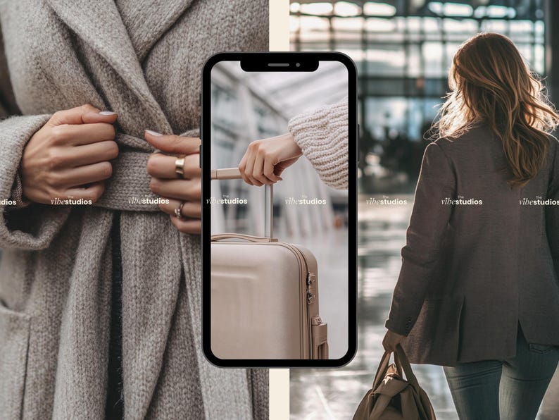 May include: A woman in a gray coat and jeans, carrying a tan handbag, walks through an airport. A tan suitcase with a retractable handle is in the center of the image. The image is framed by a smartphone.
