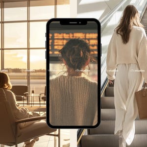 May include: A woman in a cream-colored sweater and white pants walks up an escalator, carrying a brown tote bag. The image is set in a modern airport with large windows and a warm, natural light.