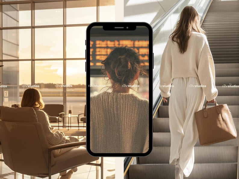 May include: A woman in a cream-colored sweater and white pants walks up an escalator, carrying a brown tote bag. The image is set in a modern airport with large windows and a warm, natural light.