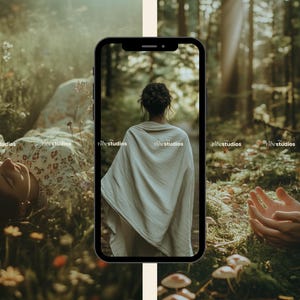 May include: A woman in a white robe walks through a forest, while another woman lies in a field of flowers. The image is split in half, with the woman in the robe on the left and the woman in the field on the right.
