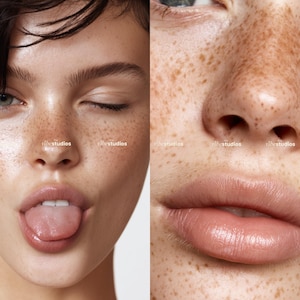 May include: A close-up of a person's face with freckles and a playful expression. The person is sticking out their tongue and winking. The skin has a natural, dewy appearance.