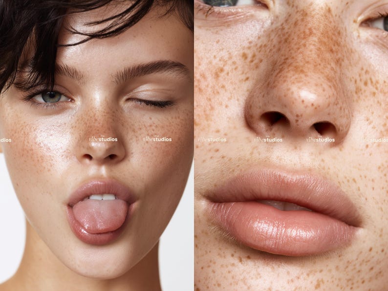 May include: A close-up of a person's face with freckles and a playful expression. The person is sticking out their tongue and winking. The skin has a natural, dewy appearance.