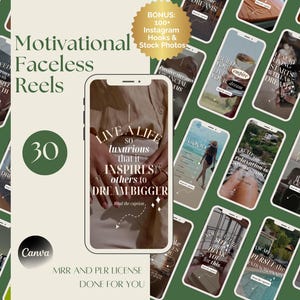 Puede incluir: Una maqueta de producto digital que presenta 30 plantillas de carretes de Instagram motivacionales. Las plantillas presentan una variedad de citas e im&aacute;genes inspiradoras, incluida una mano de mujer con una cita que dice "Vive una vida tan lujosa que inspire a otros a so&ntilde;ar m&aacute;s grande". El texto "30" se muestra en un c&iacute;rculo verde, y el texto "Licencia MRR y PLR hecha para ti" se muestra en la parte inferior de la imagen.