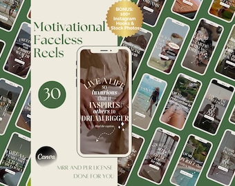 Peut inclure: Une maquette de produit numérique présentant 30 modèles de bobines Instagram motivationnelles. Les modèles présentent une variété de citations et d'images inspirantes, y compris une main de femme avec une citation qui dit "Vivez une vie si luxueuse qu'elle inspire les autres à rêver plus grand". Le texte "30" est affiché dans un cercle vert, et le texte "Licence MRR et PLR faite pour vous" est affiché en bas de l'image.