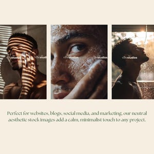May include: Three images of a man's face. The first image shows a man with light shining through blinds on his face. The second image shows a man with a white foamy substance on his face. The third image shows a man with water droplets on his face.
