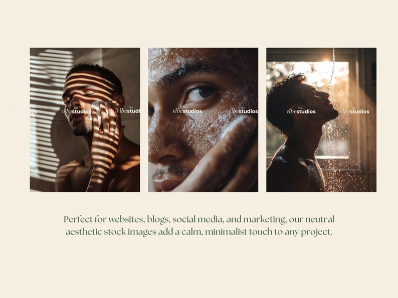 May include: Three images of a man's face. The first image shows a man with light shining through blinds on his face. The second image shows a man with a white foamy substance on his face. The third image shows a man with water droplets on his face.