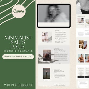 May include: A minimalist website template with a dark green background and white text. The template includes the text "Minimalist Sales Page Website Template" and "With Free Stock Photos". A tablet displays a website layout.