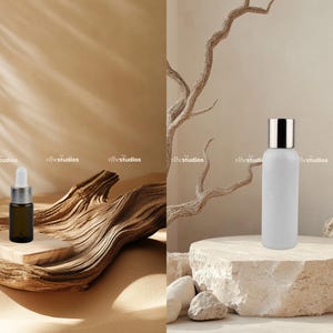May include: Two bottles of essential oil on a natural background. The bottle on the left is brown glass with a dropper and the bottle on the right is white with a silver lid.