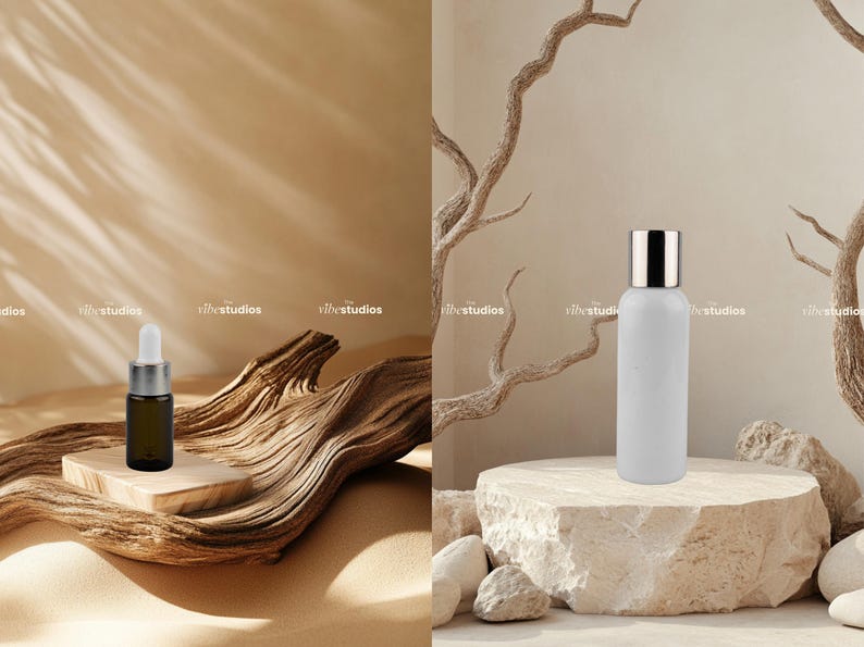 May include: Two bottles of essential oil on a natural background. The bottle on the left is brown glass with a dropper and the bottle on the right is white with a silver lid.