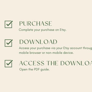 May include: A graphic with text instructions for completing a purchase on Etsy, downloading the purchase, and accessing the PDF guide. The text is in a dark green color, with checkmarks next to each step, set against a light beige background.