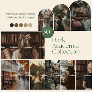 May include: A collection of 30+ dark academia themed stock photos. The images feature books, libraries, and people in academic settings. The photos are perfect for use in blogs, social media, and other online content.
