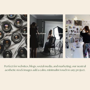 May include: Three images showing different aspects of a photography studio. The first image shows a collection of vintage camera lenses on a white fabric surface. The second image shows a photographer taking a portrait of a woman sitting in a chair. The third image shows a woman standing in front of a wall covered with inspiration boards.