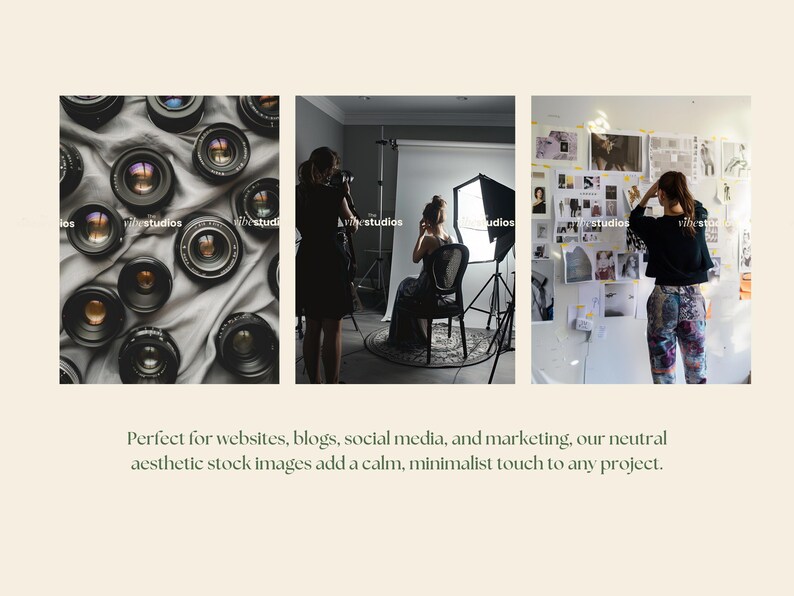May include: Three images showing different aspects of a photography studio. The first image shows a collection of vintage camera lenses on a white fabric surface. The second image shows a photographer taking a portrait of a woman sitting in a chair. The third image shows a woman standing in front of a wall covered with inspiration boards.