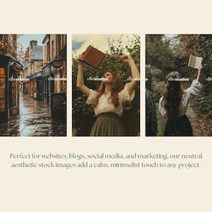 May include: Three images showcasing a neutral aesthetic. The first image shows a cobblestone street with buildings on either side. The second image shows a woman in a white shirt and green skirt holding a book above her head. The third image shows a woman in a white shirt and green skirt walking down a path in a forest.